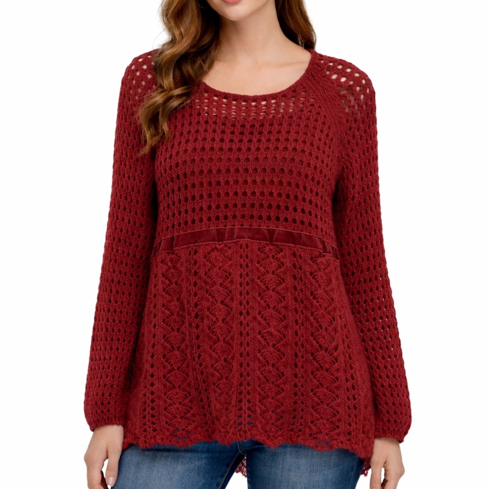 A New Approach Red Knit Long Sleeve Sheer Sweater Velour Ribbon Bow Size Small